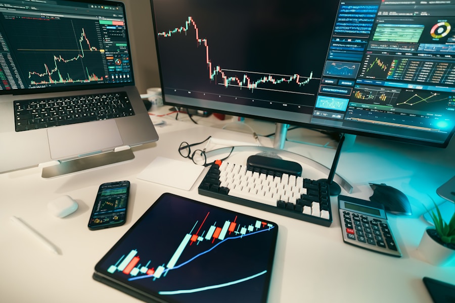 Stock market charts on trading screens